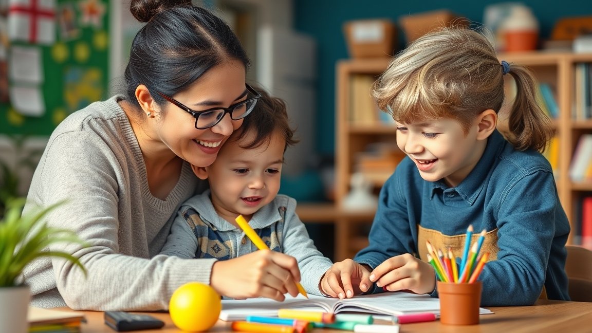 Szülő és gyermekek közös tanulás tanteremben, kedves pillanat