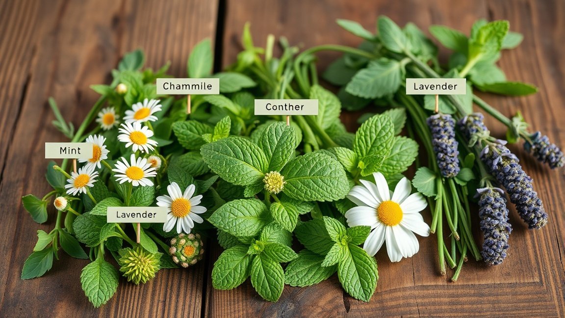 Friss gyógynövények, mint a kamilla, menta, levendula és conther.