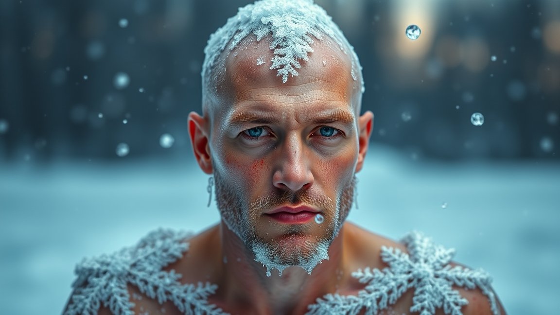 Férfi hidegterápiás tapasztalatát bemutató kép, jéghideg környezetben.