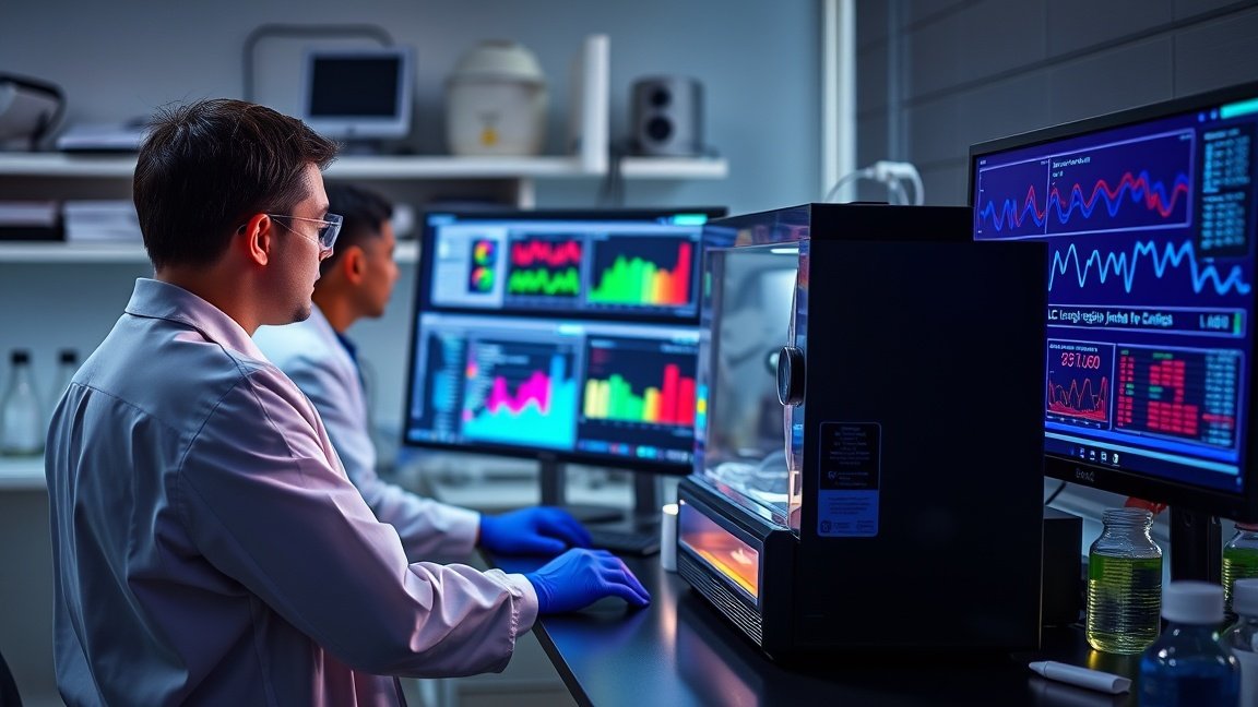 Laboratóriumi szakemberek HPLC rendszeren dolgoznak analízis közben