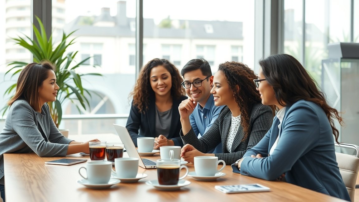 A kávé ereje: hogyan fokozza a kreativitást és a csapatmunka hatékonyságát? 1 Csapatmunka kreatív ötletelés közben kávé mellett egy irodában.