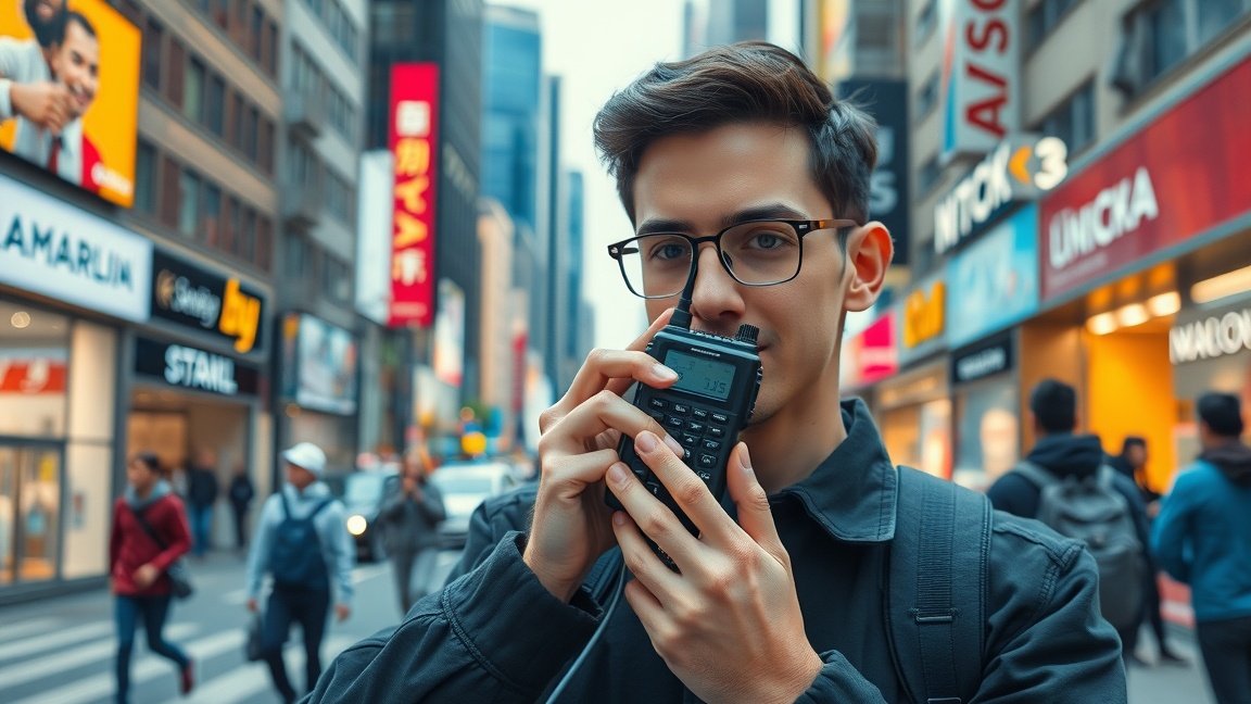 Fiatal férfi kézi rádióval a városban.