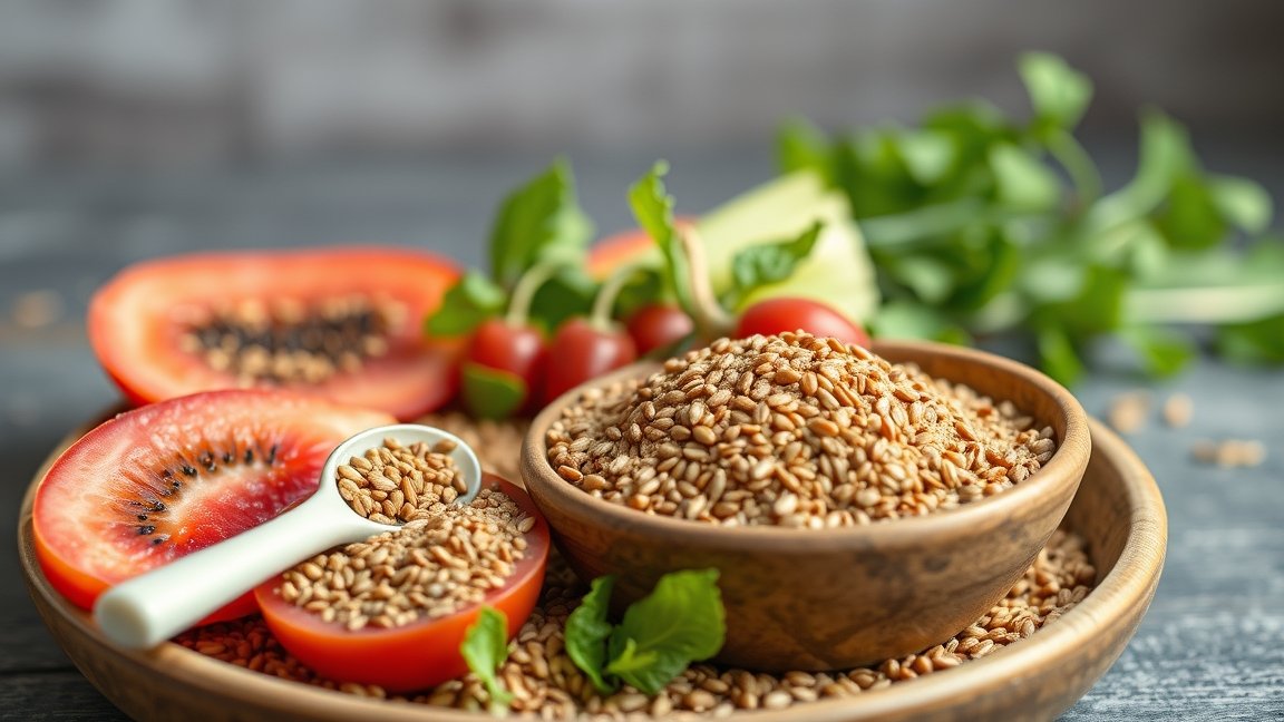 Lenmagpehely, friss zöldségek és fűszernövények egy tálban.