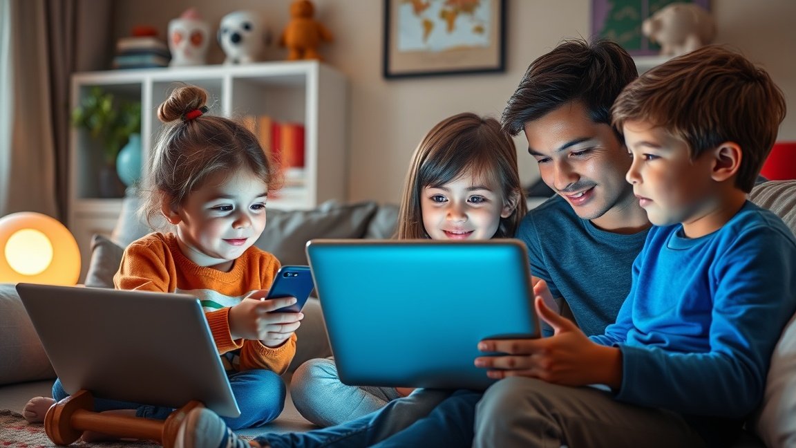 Gyermekek és szülő médiahasználat közben a nappaliban.