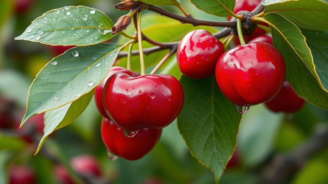 Friss, vízcseppekkel teli meggy gyümölcság