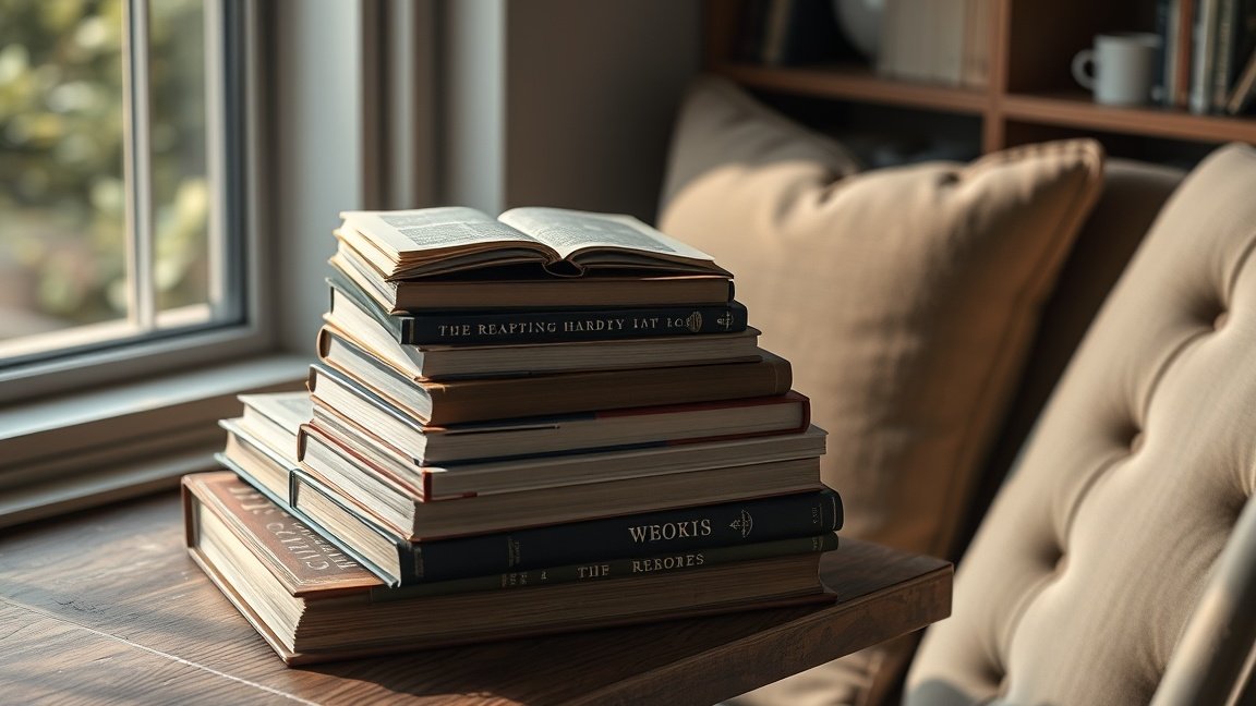 Összegyűjtött nyomtatott könyvek a fakanap alatt.