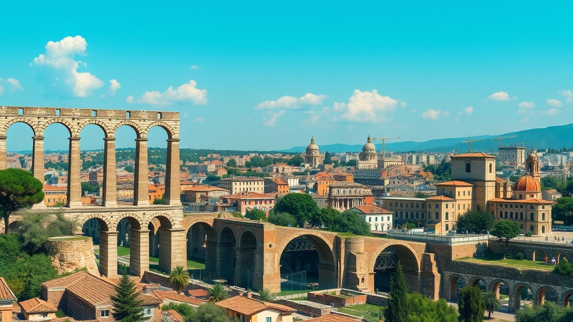A római vízvezetékek akvaduktjai városi tájjal a háttérben.