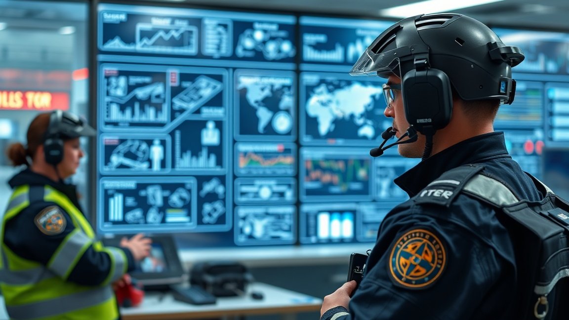 Két személy a TETRA digitális rádiórendszer operatív központjában, háttérben adatvizualizációs panelekkel.