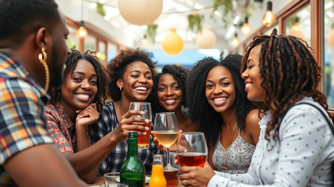 Baráti társaság alkoholmentes itallal ünnepel a kávézóban.