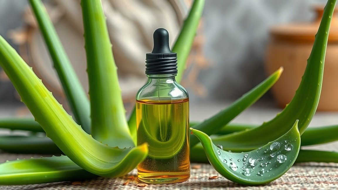 Aloe Vera illóolaj üveg cseppentővel, körülötte aloe vera levelek.