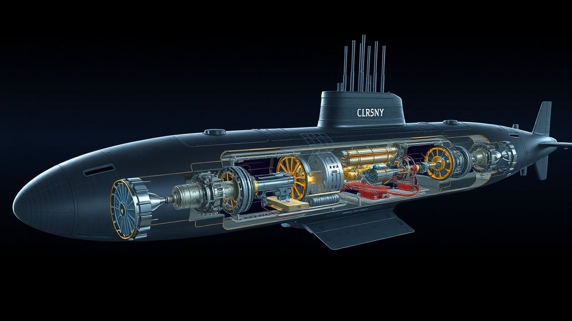 Működési diagram egy atomtengeralattjáróról, bemutatva a meghajtási rendszert.