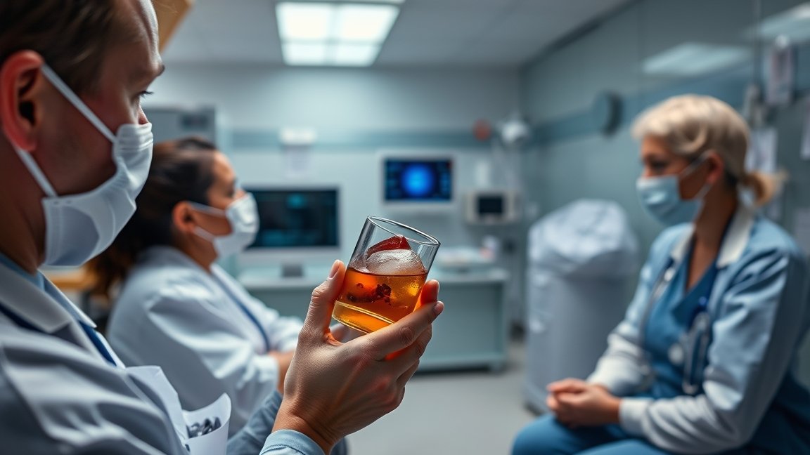 Orvosi környezetben cselekvés alatt álló egészségügyi szakemberek és alkoholt tartalmazó ital.