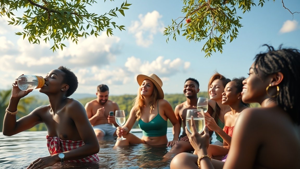 Az angol víz szervezetre gyakorolt jótékony hatásai és sokrétű egészségügyi előnyei 1 Fiatalok élvezik a természetben a hidratációt angol vízzel.