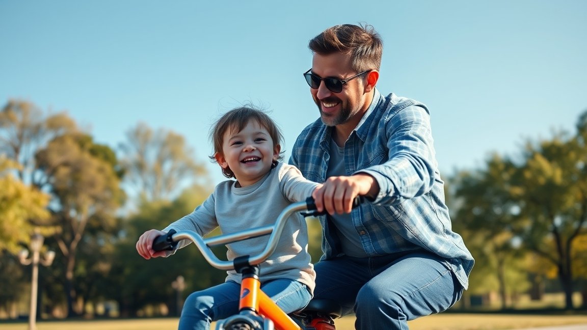 Apa és gyermek közös kerékpározása a parkban