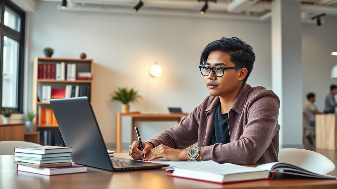Fiatal férfi az ötletvizsga tervezésén dolgozik laptopnál.