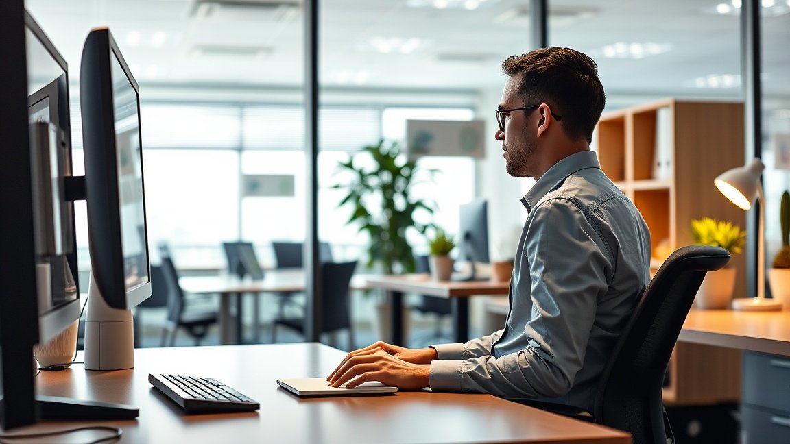 Fiatal férfi ülve dolgozik egy modern irodában, számítógép előtt.