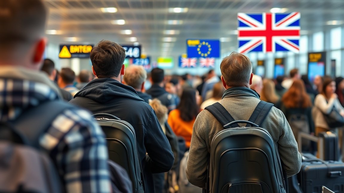 Brit utazók várakozása az EU beléptető rendszerénél a repülőtéren.