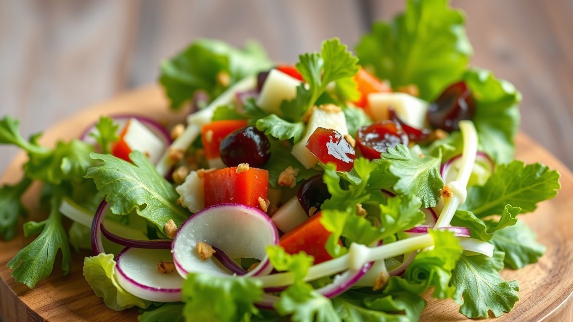 Friss cikória saláta színes zöldségekkel és dióval.