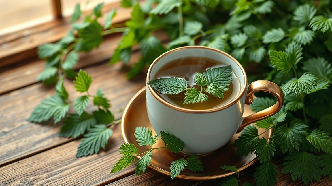 Csalánlevél tea friss zöld levelekkel egy elegáns csészében.
