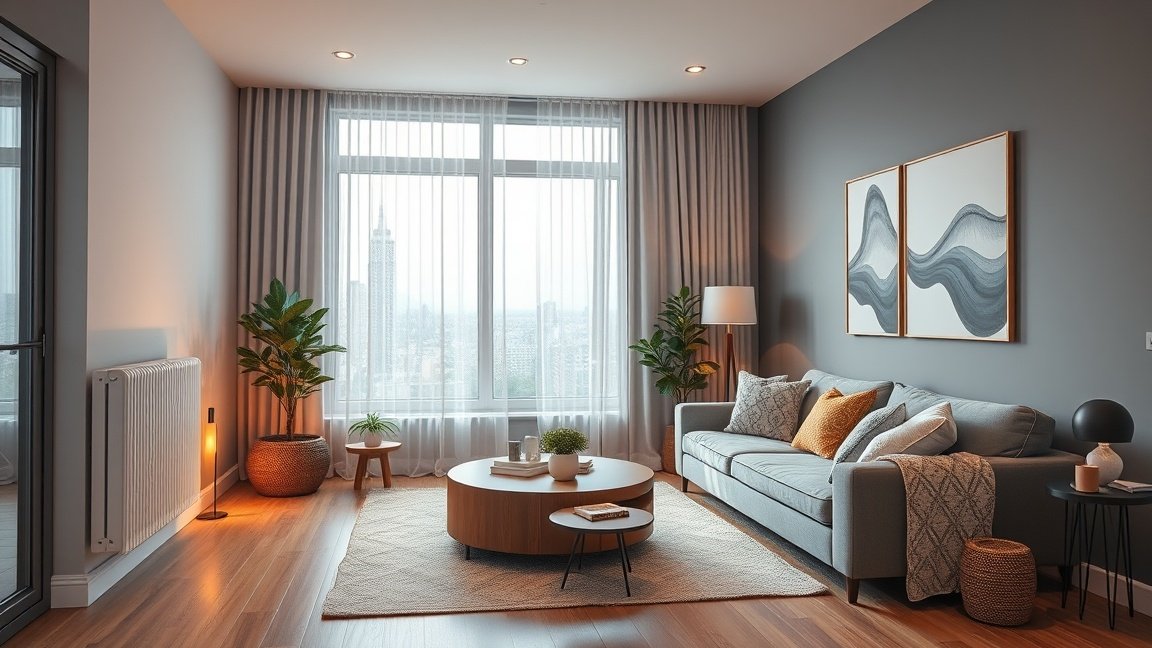 Modern otthoni enteriőr elektromos fűtéssel és kényelmes bútorokkal