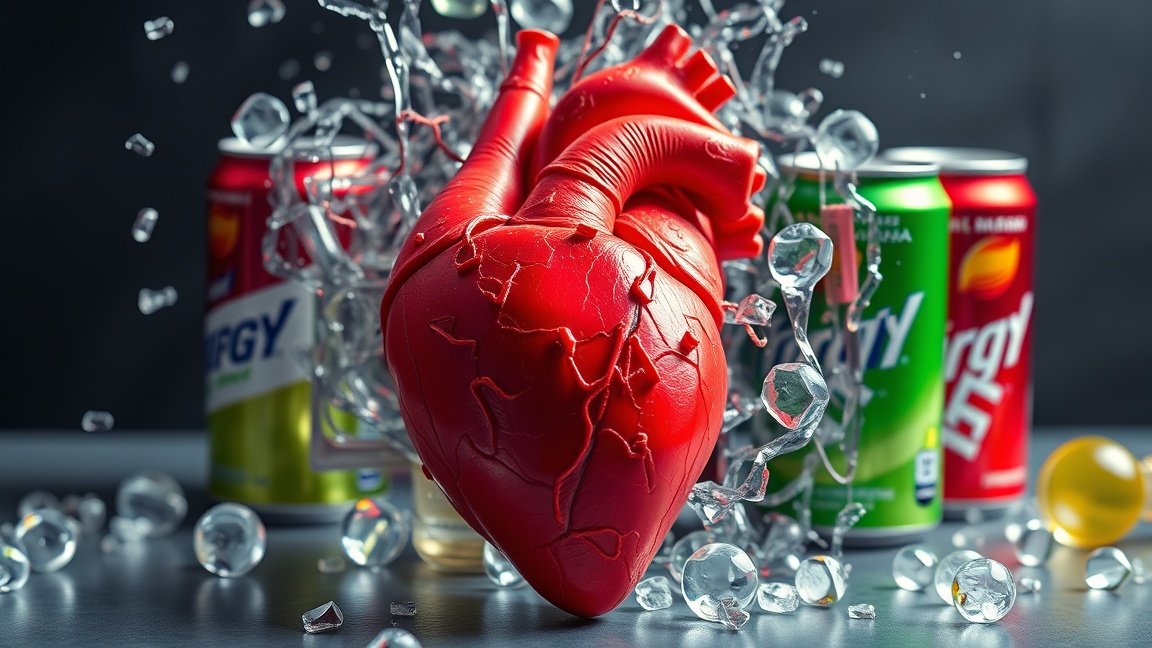 Egy torzított szív és energiaitalok az egészség kockázataival.