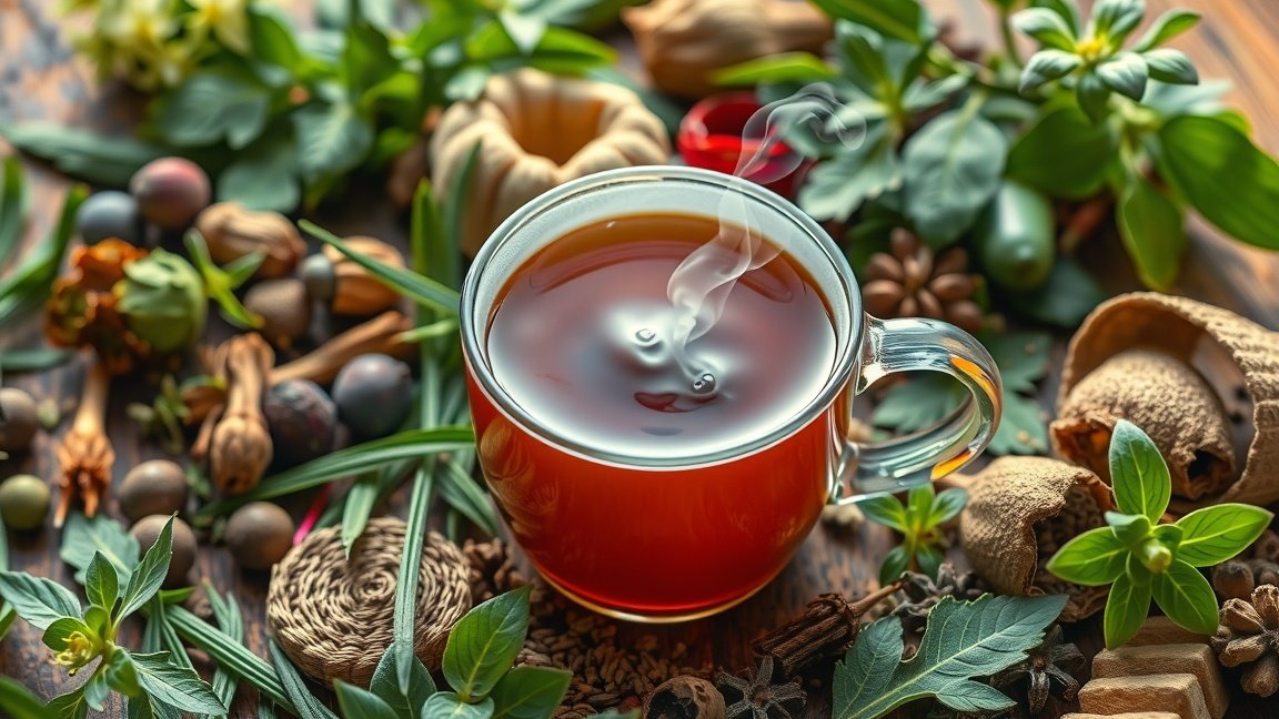 Epehajtó tea gőzölgő csészében gyógynövények között