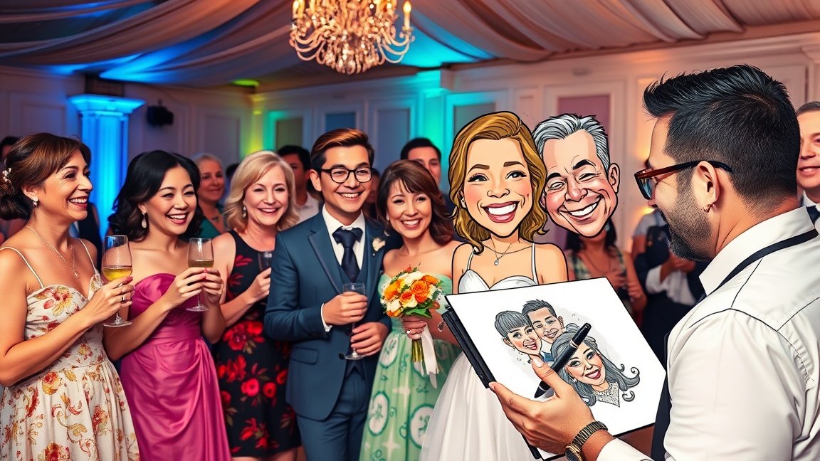 Esküvői karikatúra készítése vendégek körében