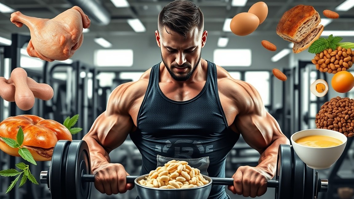 Férfi testépítő fehérjeforrásokkal és súlyzóval az edzőteremben.