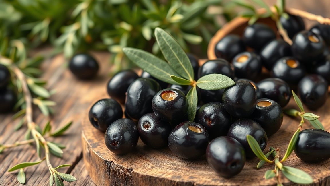 Fekete olajbogyók friss mediterrán környezetben.