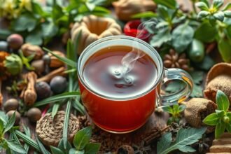 Epehajtó tea gőzölgő csészében gyógynövények között