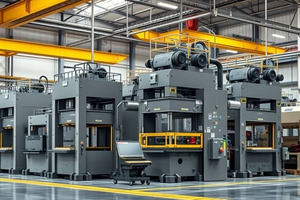 Modern présgépek a gyártó üzemben, fémmegmunkáláshoz és ipari alkalmazásokhoz.