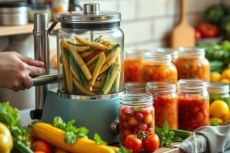 Befőzőautomata friss zöldségekkel és elrakott üvegekkel