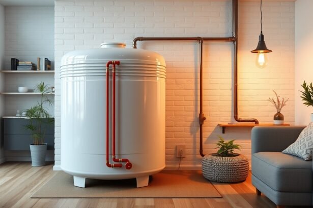 Modern puffertartály a fűtési rendszerben, otthoni környezetben.