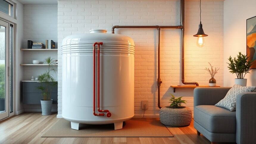 Modern puffertartály a fűtési rendszerben, otthoni környezetben.