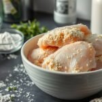 Panko morzsa és panírozott csirkehús előkészítése konyhában