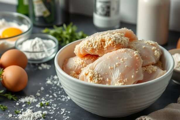 Panko morzsa és panírozott csirkehús előkészítése konyhában