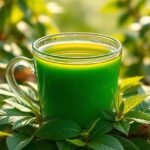 Friss moringa tea bögrében, zöld levél díszítéssel.