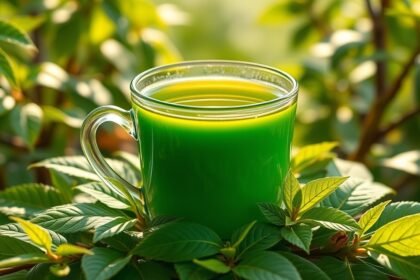 Friss moringa tea bögrében, zöld levél díszítéssel.