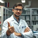 Sikeres balkezes tudós a laboratóriumban, mutatja az 'ok' jelzést.