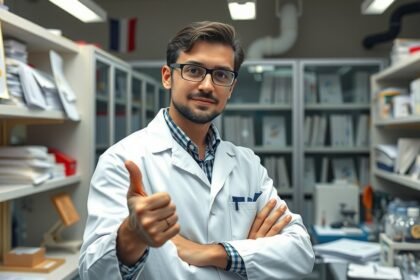 Sikeres balkezes tudós a laboratóriumban, mutatja az 'ok' jelzést.