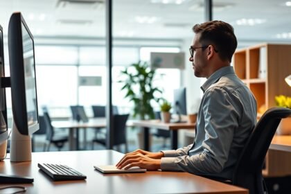 Fiatal férfi ülve dolgozik egy modern irodában, számítógép előtt.