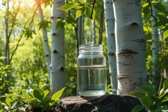 Nyírfavíz cseppentése egy üvegben nyírfák között a természetben