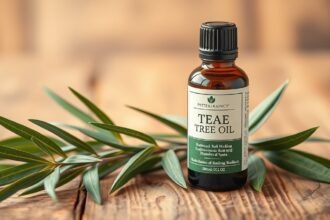 Teafaolaj üveg palack és zöld levelek