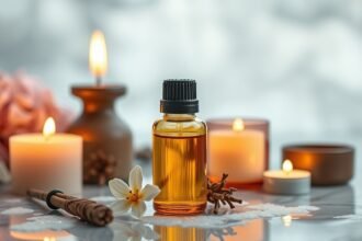 Tömjén illóolaj aromaterápiához gyertyákkal és virágokkal.