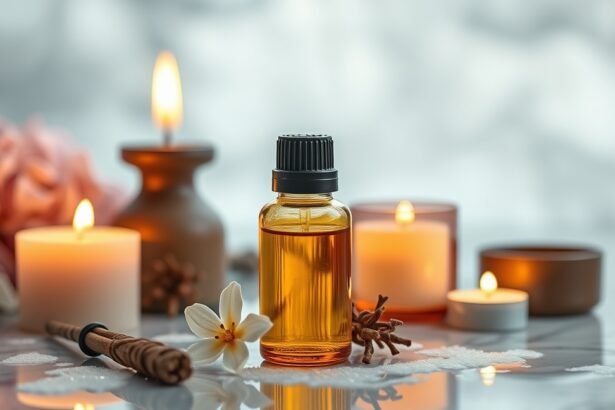 Tömjén illóolaj aromaterápiához gyertyákkal és virágokkal.