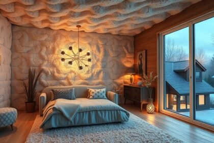 Kőzetgyapottal szigetelt modern nappali, világító dizájnokkal.