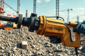 Hidraulikus bontókalapács munka közben egy építkezési területen.