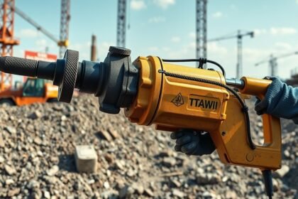 Hidraulikus bontókalapács munka közben egy építkezési területen.