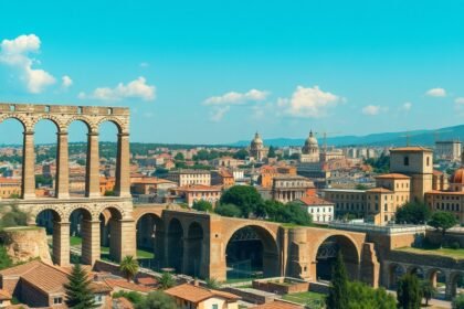 A római vízvezetékek akvaduktjai városi tájjal a háttérben.
