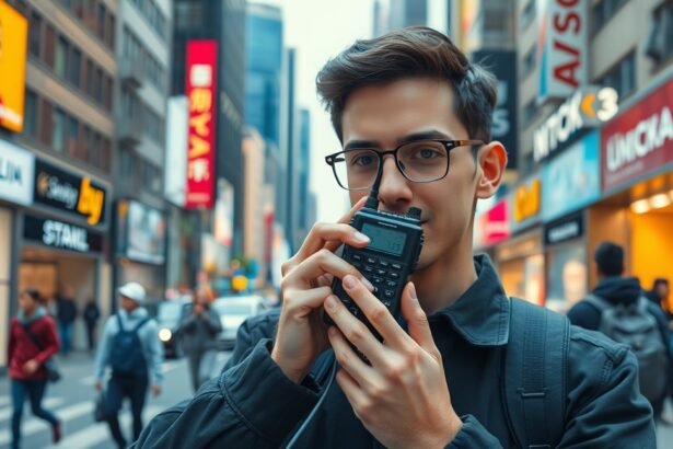 Fiatal férfi kézi rádióval a városban.